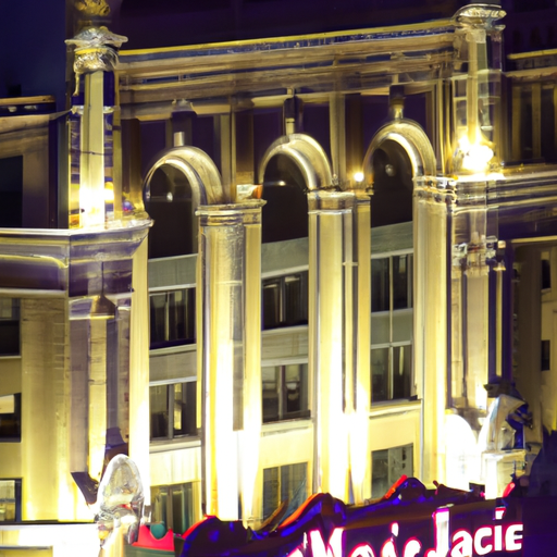 תיאטרון מלכותי ליד מלון, מואר במהלך הופעה חיה.