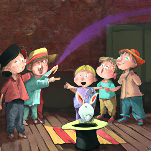 קבוצת ילדים נרגשת מתבוננת בקוסם שולף ארנב מתוך כובע.