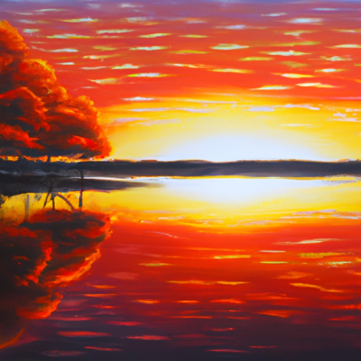 ציור שמן תוסס המתאר שקיעה מעל אגם שליו המוסיף אפקט מרגיע לסלון מודרני.