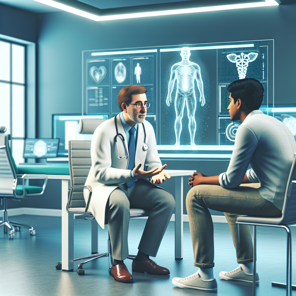 צילום של פגישה בין רופא למטופל צעיר במשרד רפואי מודרני.